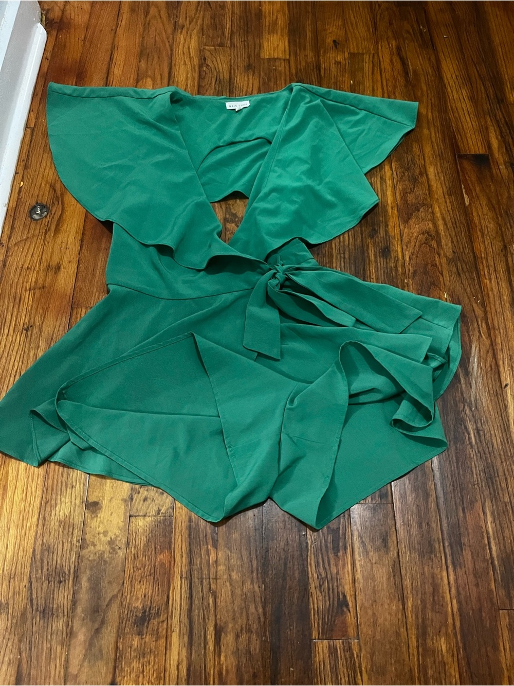 Main Strip Emerald Green Ruffle Wrap Mini Dress - Picture 3 of 10